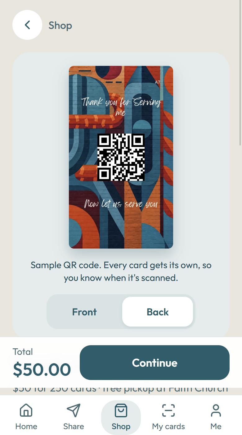 Card design screen showing the back of the card with a sample QR code