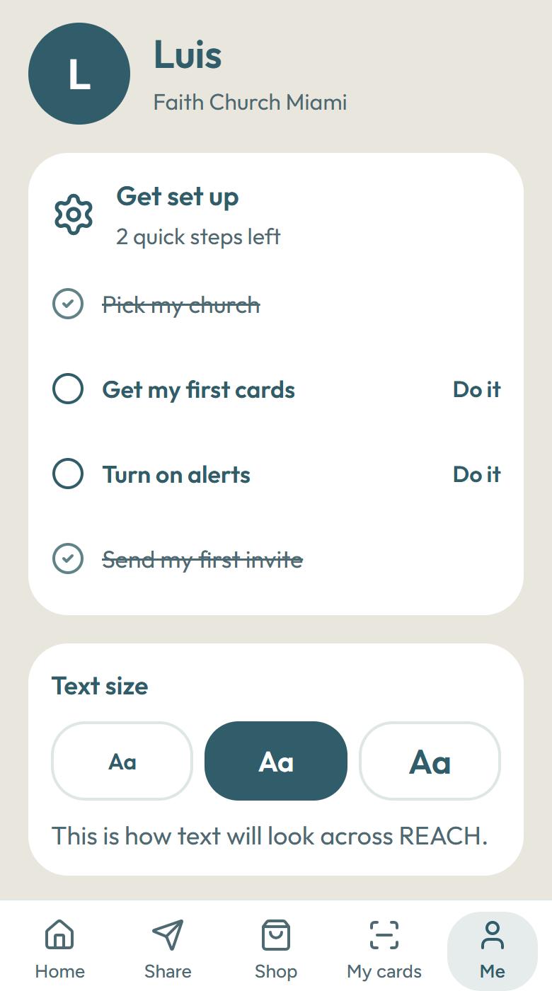 Get set up checklist: pick my church, get my first cards, turn on alerts, send my first invite