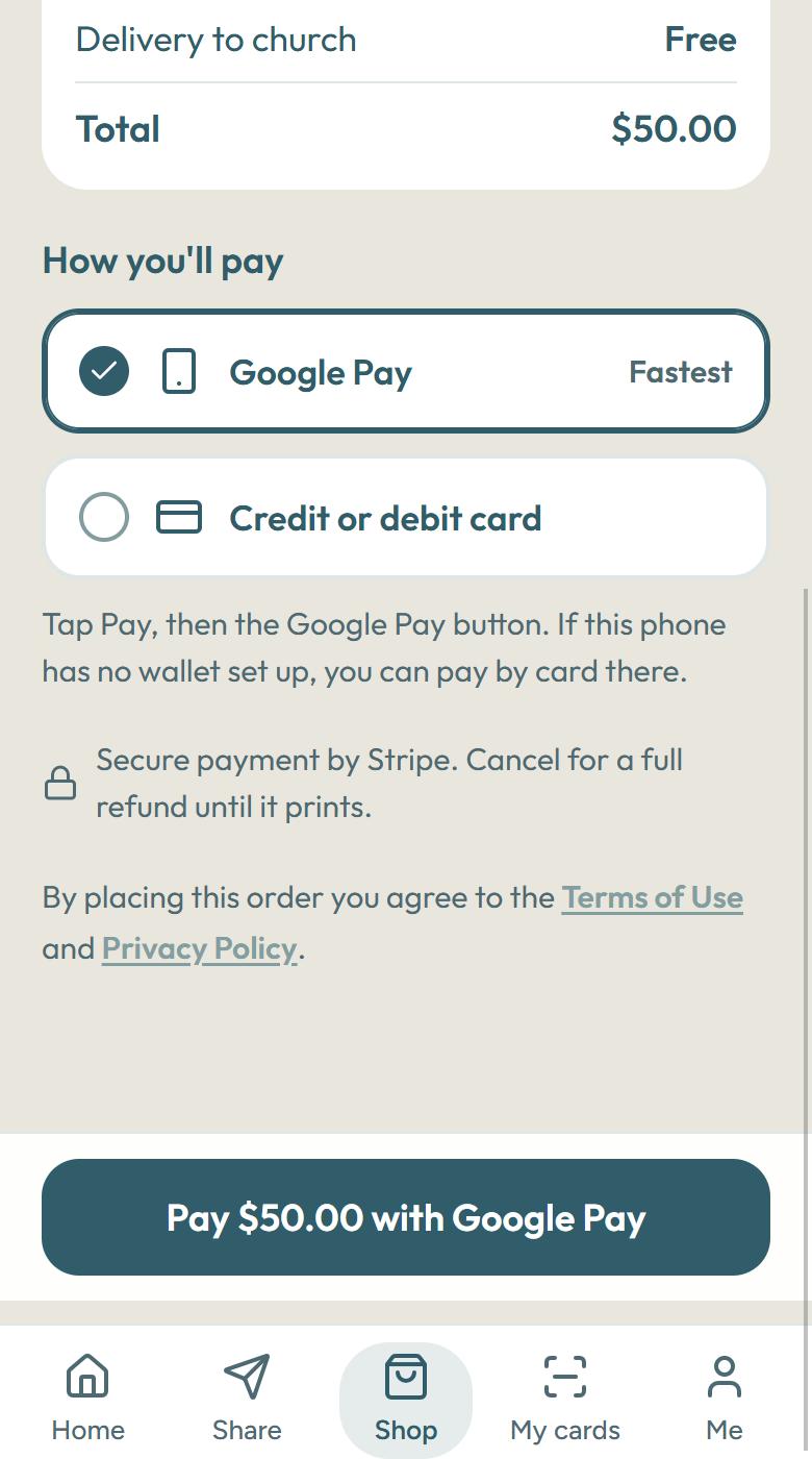 Checkout: pay with Google Pay, Apple Pay or a card