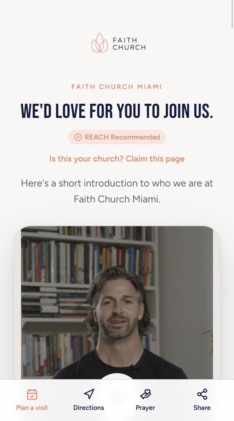 A church's REACH welcome page on a phone: plan a visit, directions, prayer