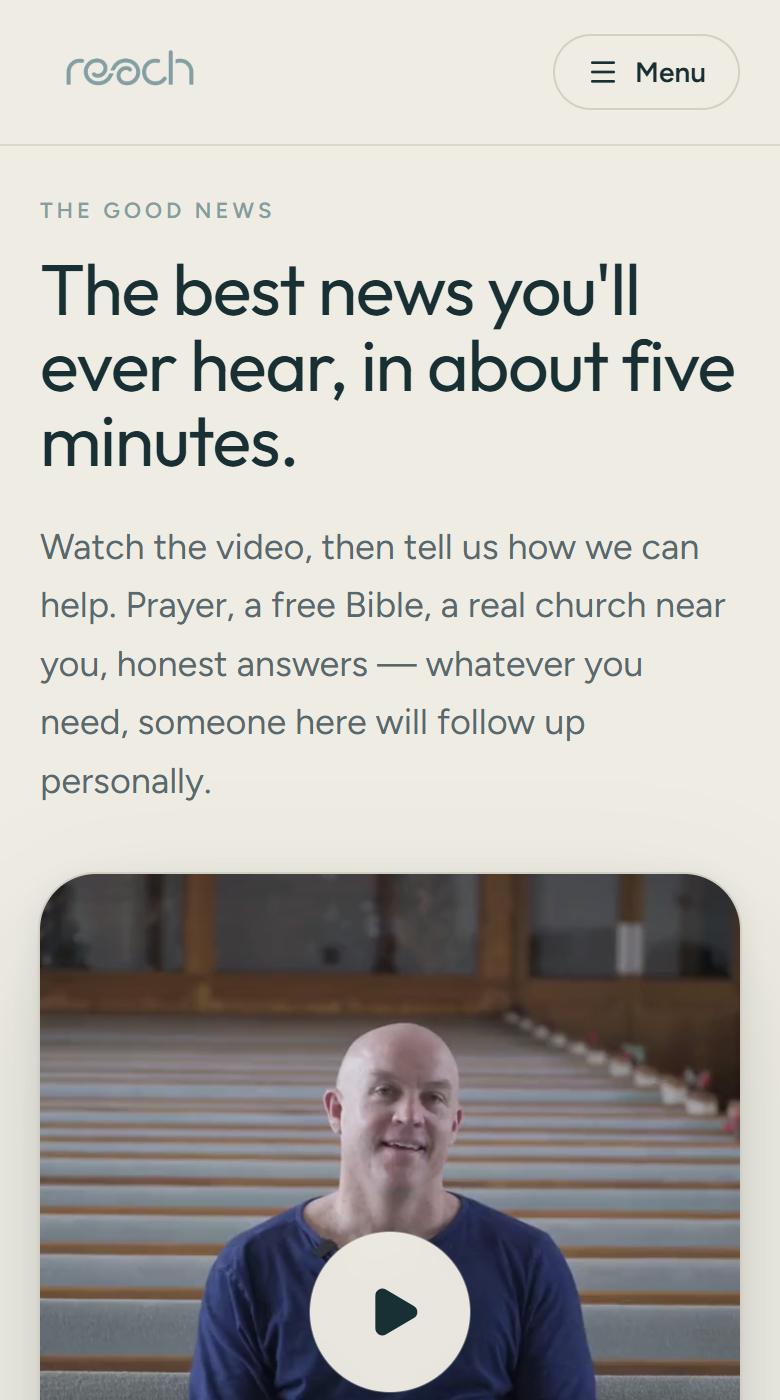 The REACH Good News page on a phone: a short video and next steps