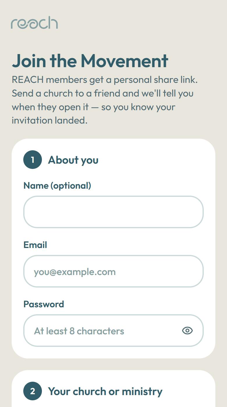 REACH sign-up: name, email and password